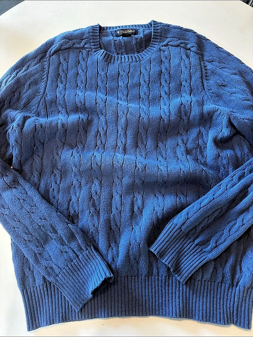 Brooks Brothers Mens Cable Knit Crewneck Sweater Blue XL